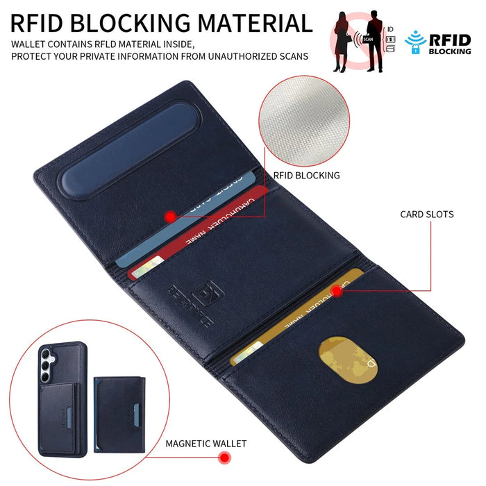 BETOPNICE For Samsung Galaxy A55 5G Magnetic Case  Leather Phone Cover Kickstand with Detachable Card Bag - Blue - 6