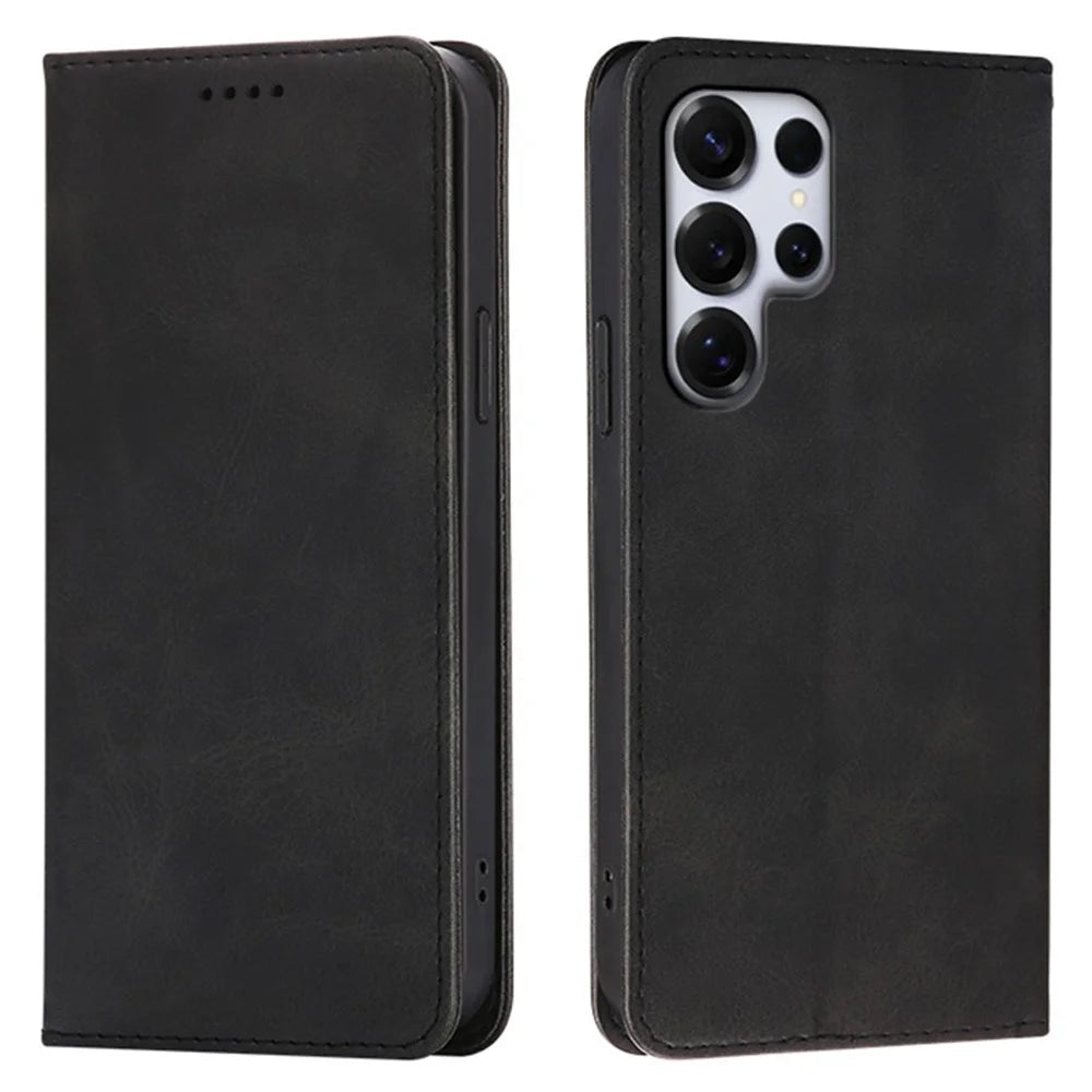 For Samsung Galaxy S24 Ultra Case Wallet Calf Texture Leather Phone Cover with Hidden Magnetic Closure - Black - 1