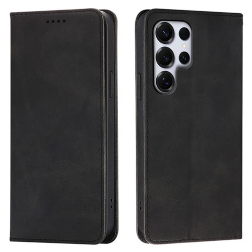 For Samsung Galaxy S24 Ultra Case Wallet Calf Texture Leather Phone Cover with Hidden Magnetic Closure - Black - 1