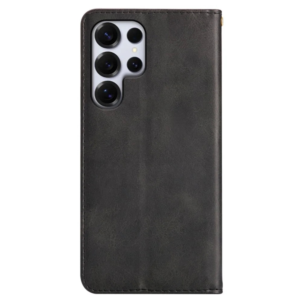 For Samsung Galaxy S24 Ultra Case Wallet Calf Texture Leather Phone Cover with Hidden Magnetic Closure - Black - 5