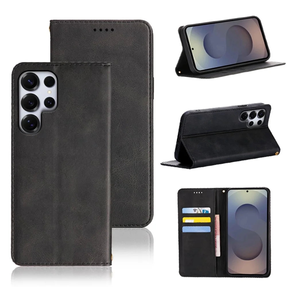 For Samsung Galaxy S24 Ultra Case Wallet Calf Texture Leather Phone Cover with Hidden Magnetic Closure - Black - 7
