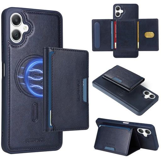 BETOPNICE For Samsung Galaxy A06 4G Magnetic Case  Leather Phone Cover Kickstand with Detachable Card Bag - Blue - 1