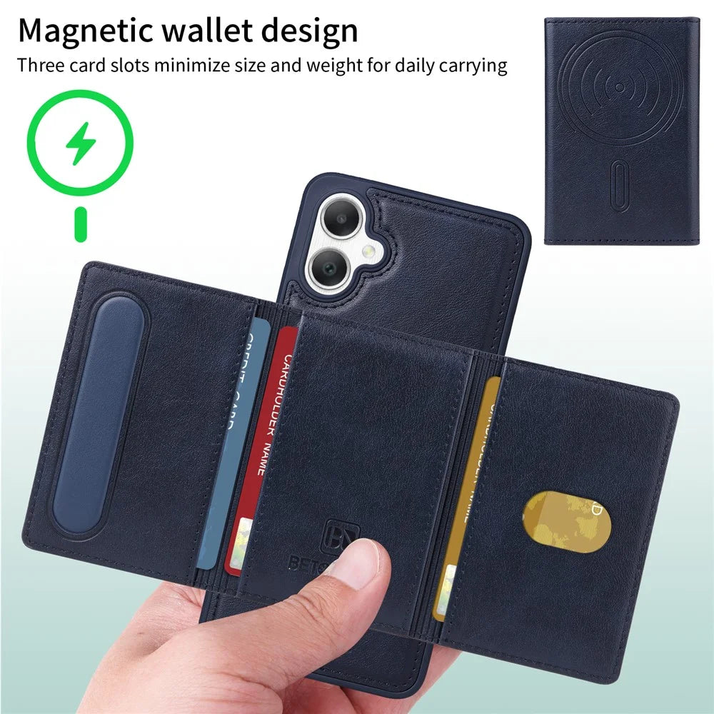 BETOPNICE For Samsung Galaxy A06 4G Magnetic Case  Leather Phone Cover Kickstand with Detachable Card Bag - Blue - 3