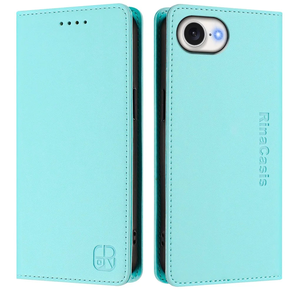 For iPhone 17e / 16e Leather Case RINACASIS RC01 Phone Cover with RFID Blocking Wallet Stand - Mint Green - 1