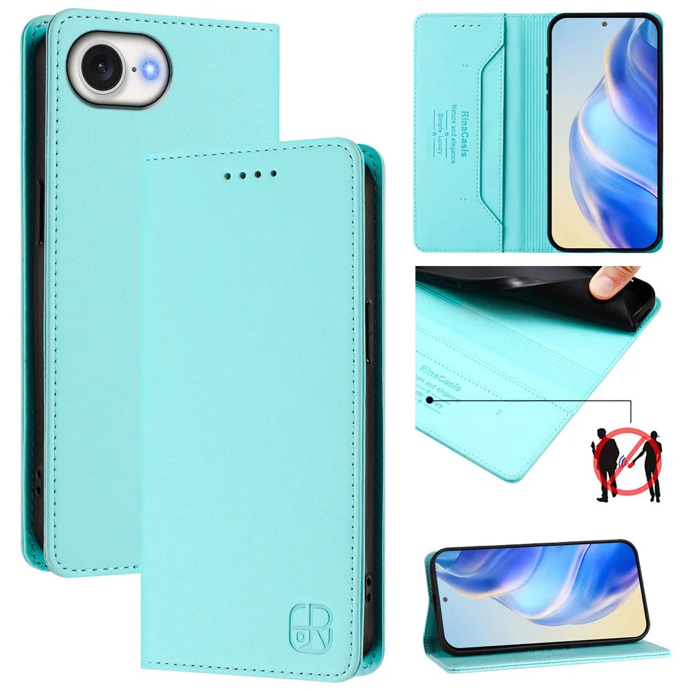 For iPhone 17e / 16e Leather Case RINACASIS RC01 Phone Cover with RFID Blocking Wallet Stand - Mint Green - 2