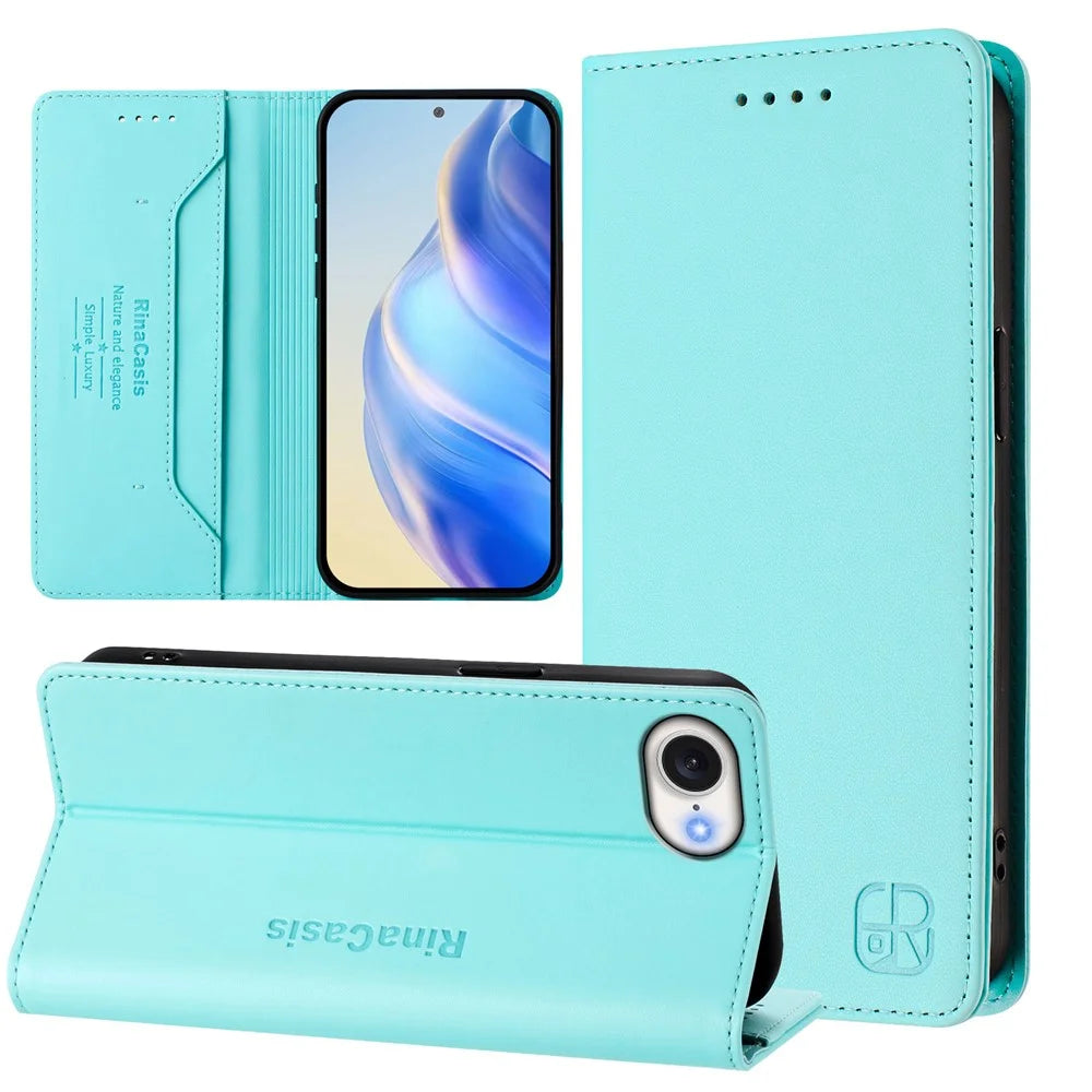 For iPhone 17e / 16e Leather Case RINACASIS RC01 Phone Cover with RFID Blocking Wallet Stand - Mint Green - 3