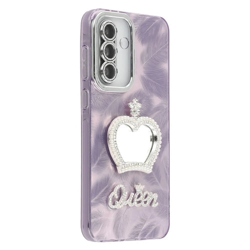 For Samsung Galaxy A56 5G Case with Mirror IMD PC + TPU Phone Cover with Glass Lens Film - Feather Pattern / Purple - 1