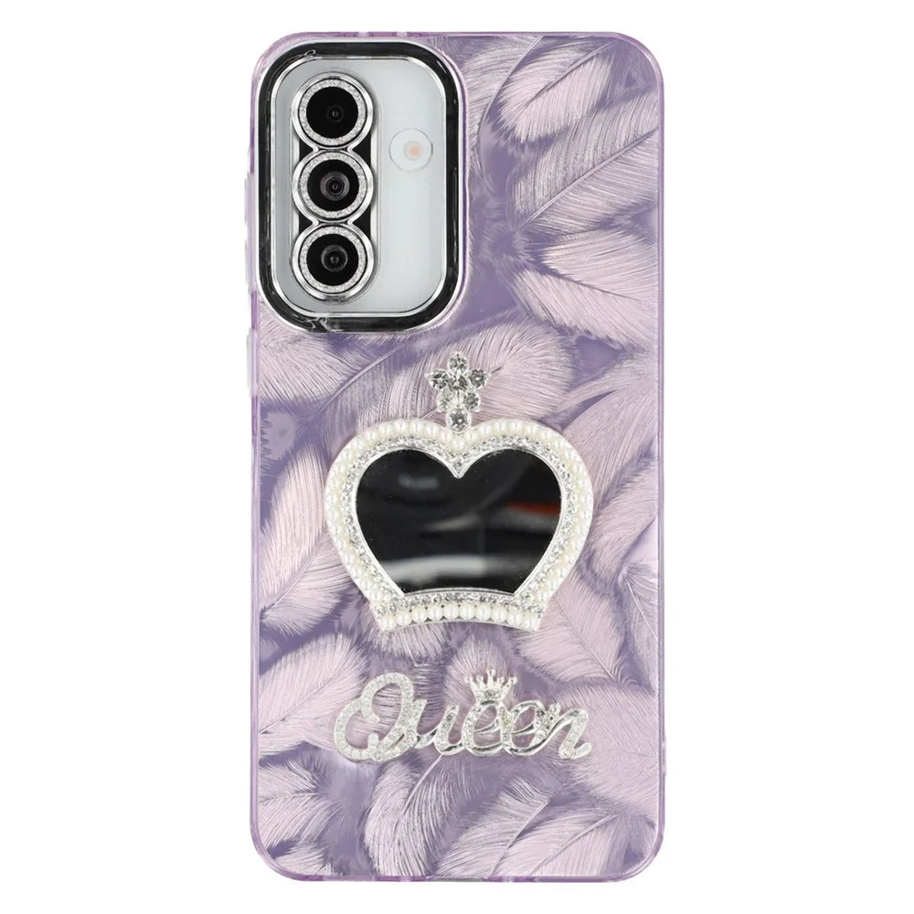For Samsung Galaxy A56 5G Case with Mirror IMD PC + TPU Phone Cover with Glass Lens Film - Feather Pattern / Purple - 3