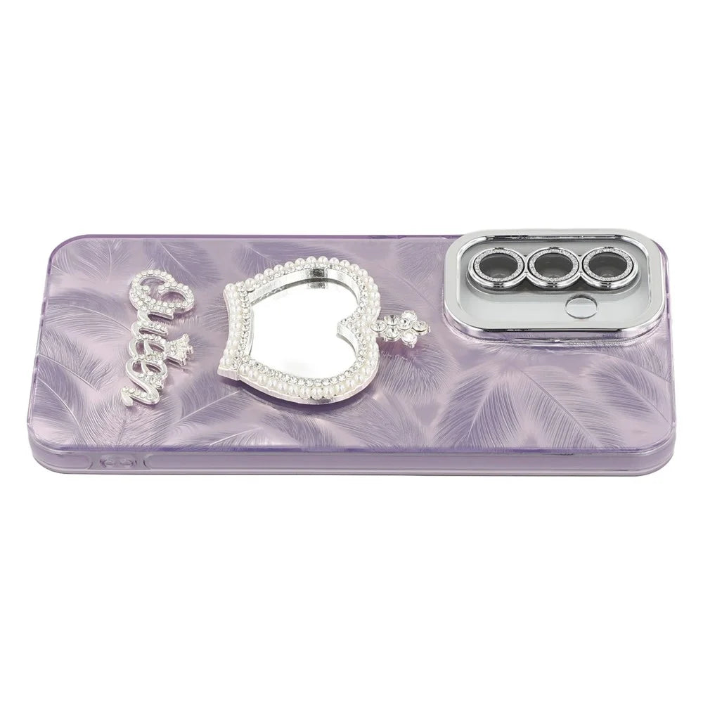 For Samsung Galaxy A56 5G Case with Mirror IMD PC + TPU Phone Cover with Glass Lens Film - Feather Pattern / Purple - 4