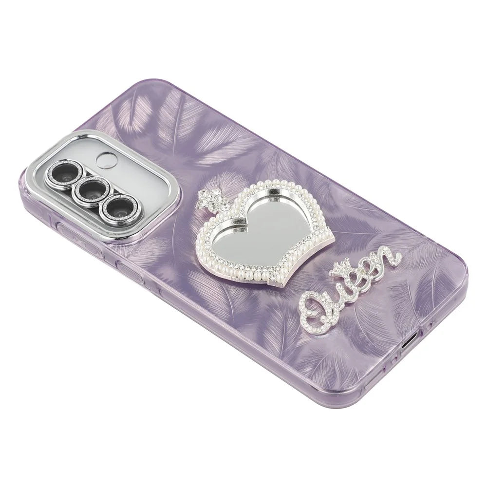 For Samsung Galaxy A56 5G Case with Mirror IMD PC + TPU Phone Cover with Glass Lens Film - Feather Pattern / Purple - 5