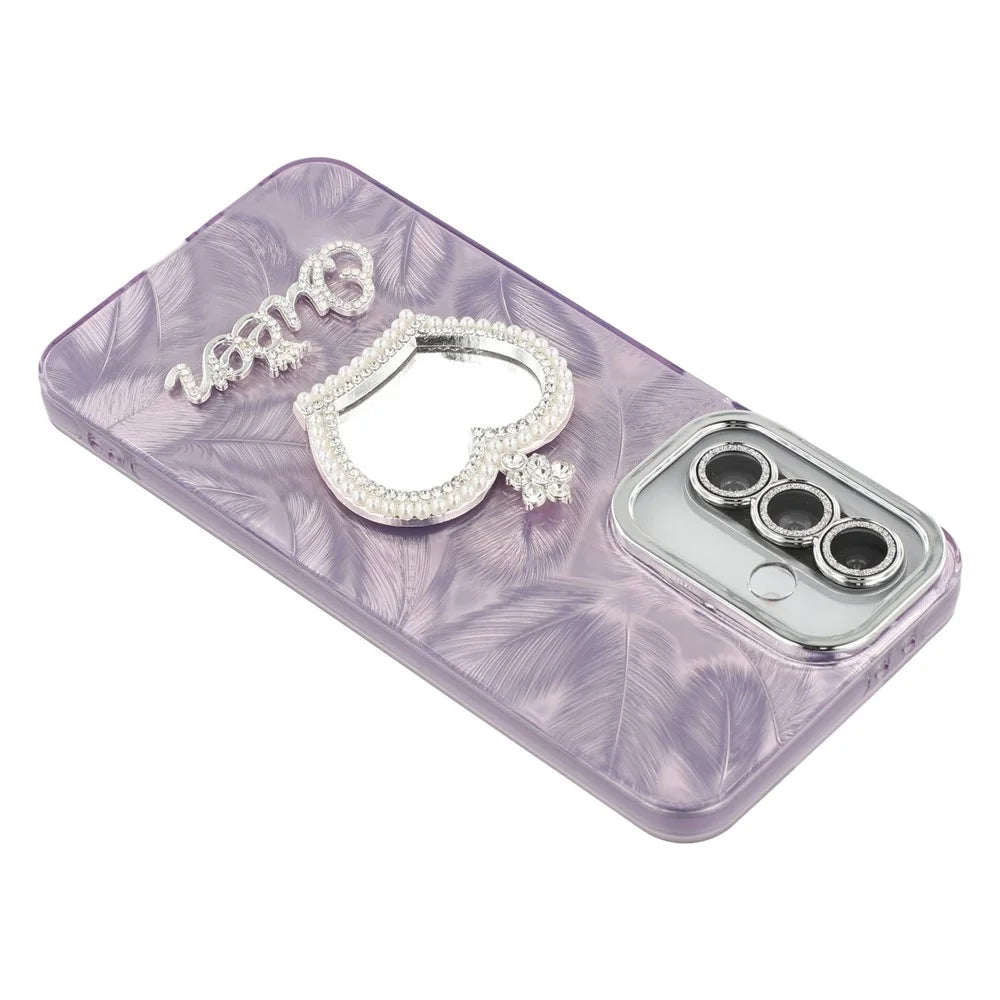 For Samsung Galaxy A56 5G Case with Mirror IMD PC + TPU Phone Cover with Glass Lens Film - Feather Pattern / Purple - 6