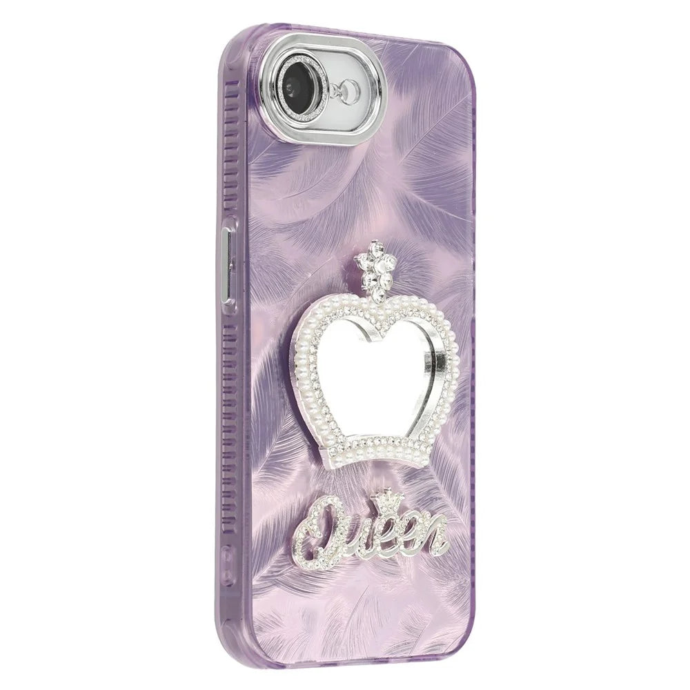 For iPhone 17e / 16e Case with Mirror IMD PC + TPU Phone Cover with Glass Lens Film - Feather Pattern / Purple - 1