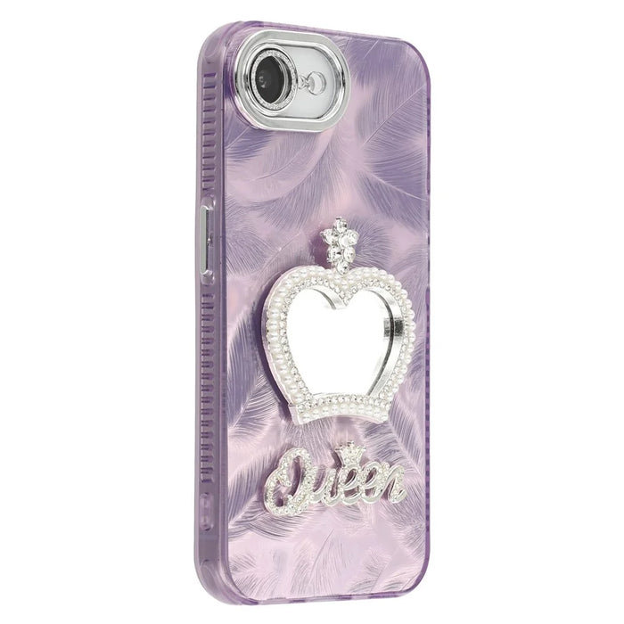 For iPhone 17e / 16e Case with Mirror IMD PC + TPU Phone Cover with Glass Lens Film - Feather Pattern / Purple - 1
