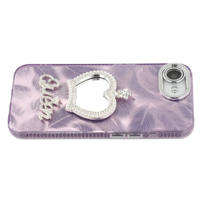 For iPhone 17e / 16e Case with Mirror IMD PC + TPU Phone Cover with Glass Lens Film - Feather Pattern / Purple - 4