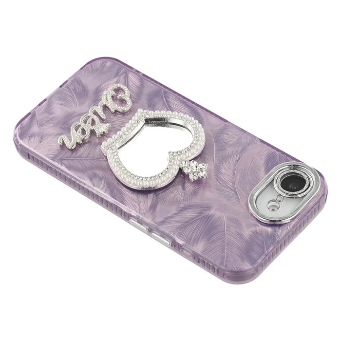 For iPhone 17e / 16e Case with Mirror IMD PC + TPU Phone Cover with Glass Lens Film - Feather Pattern / Purple - 5