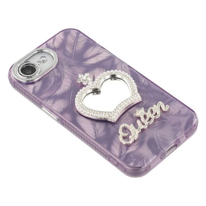 For iPhone 17e / 16e Case with Mirror IMD PC + TPU Phone Cover with Glass Lens Film - Feather Pattern / Purple - 6