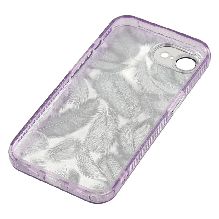 For iPhone 17e / 16e Case with Mirror IMD PC + TPU Phone Cover with Glass Lens Film - Feather Pattern / Purple - 7