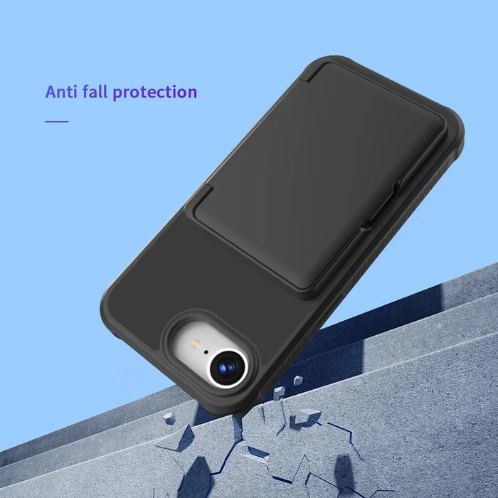 For iPhone 17e / 16e Case with Card Holder / Mirror / Kickstand TPU + PC Phone Back Cover - Black - 5