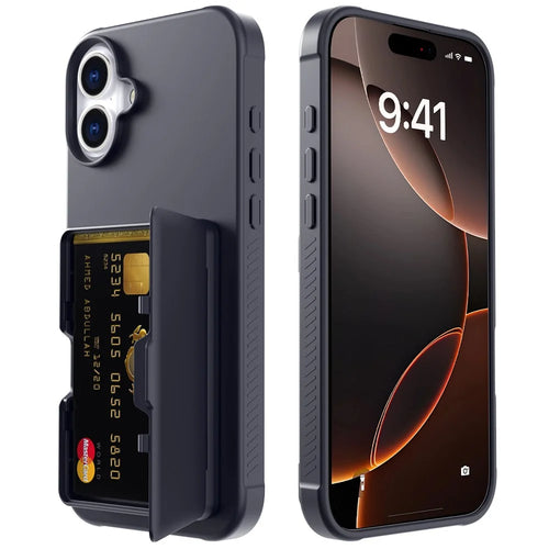 For iPhone 16 Case with Card Holder / Mirror / Kickstand TPU + PC Phone Back Cover - Black - 1