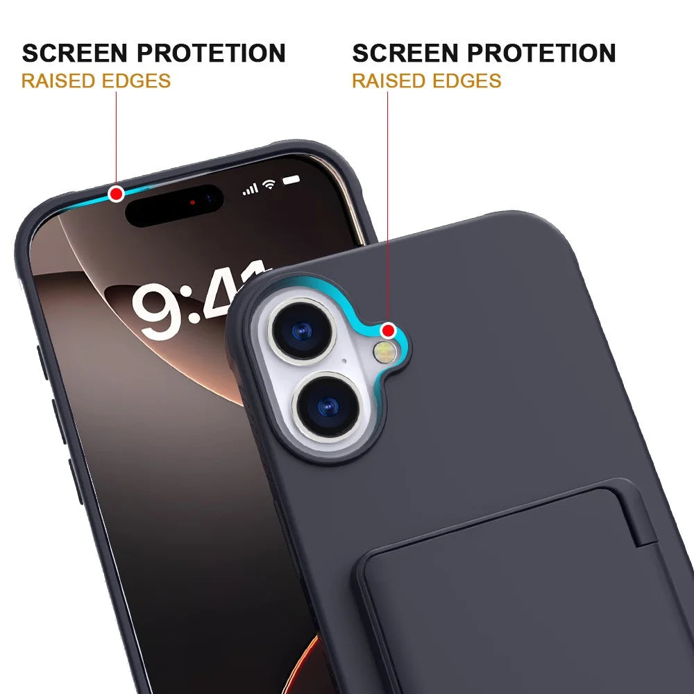For iPhone 16 Case with Card Holder / Mirror / Kickstand TPU + PC Phone Back Cover - Black - 3