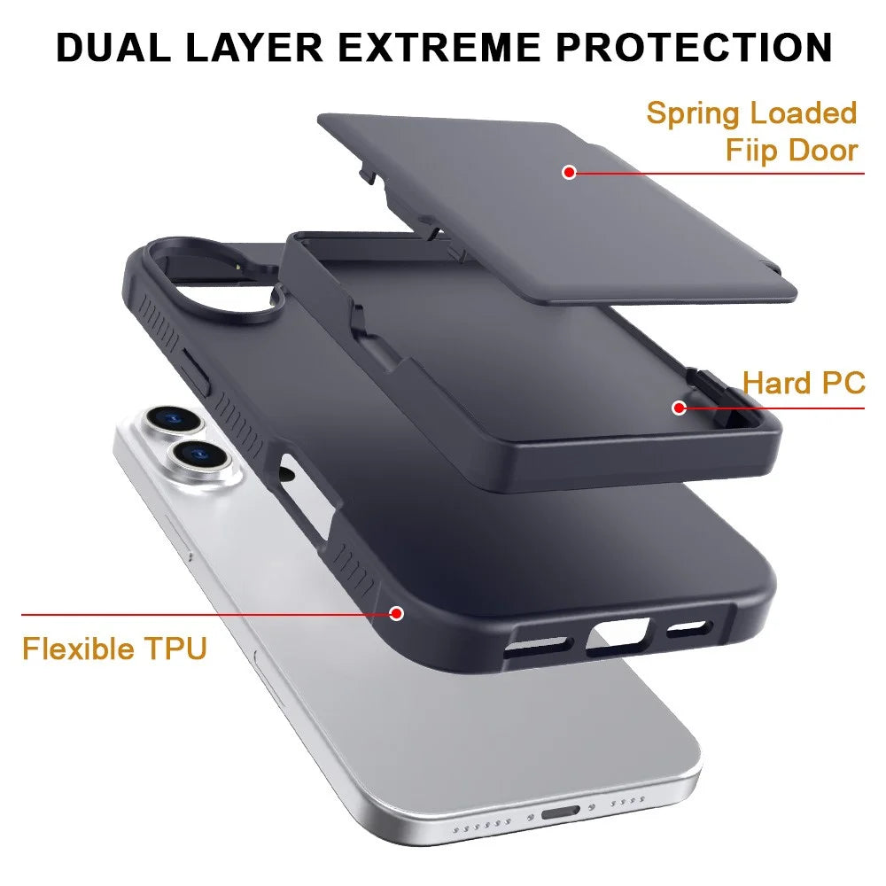 For iPhone 16 Case with Card Holder / Mirror / Kickstand TPU + PC Phone Back Cover - Black - 6