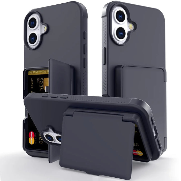 For iPhone 16 Plus Case with Card Holder / Mirror / Kickstand TPU + PC Phone Back Cover - Black - 2