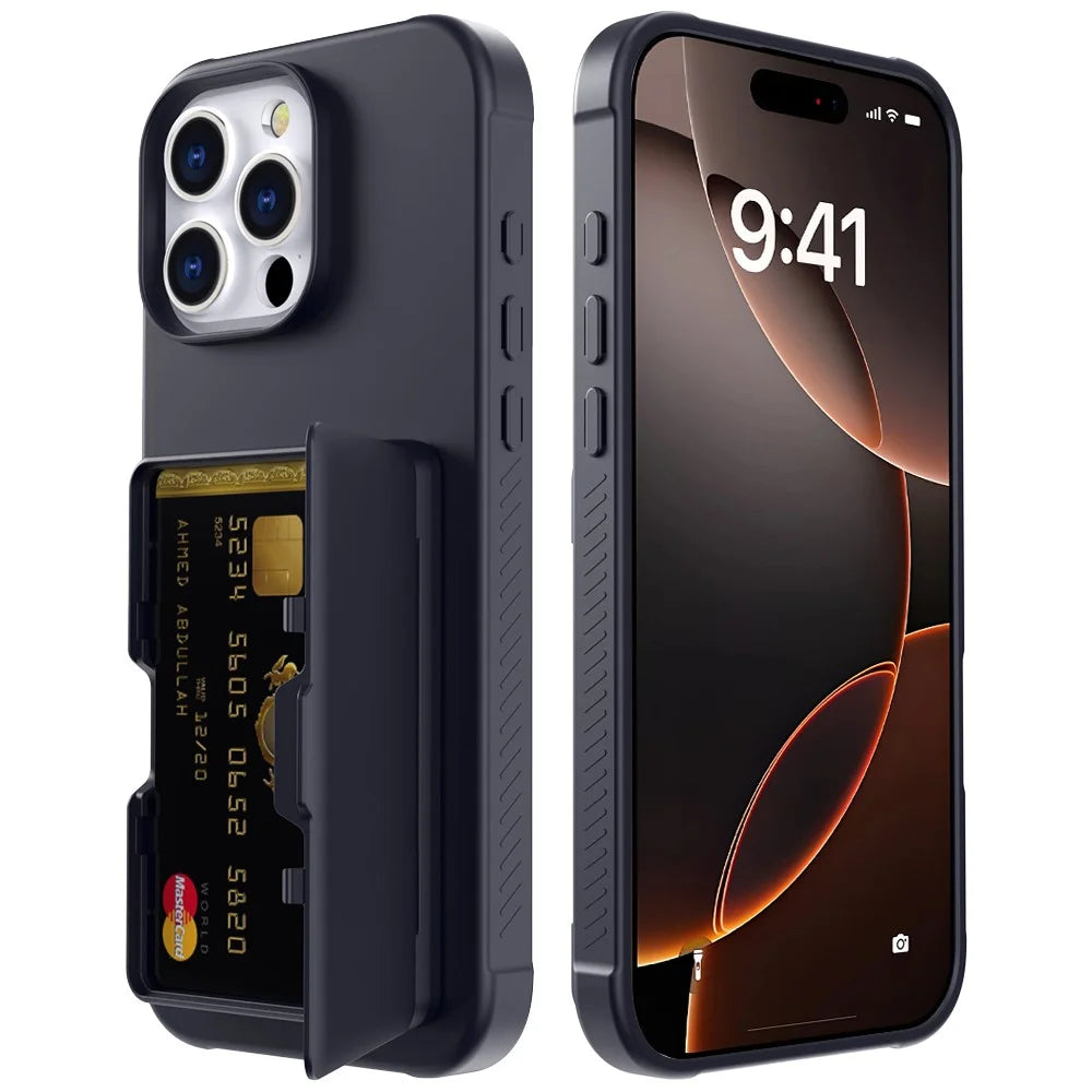 For iPhone 16 Pro Max Case with Card Holder / Mirror / Kickstand TPU + PC Phone Back Cover - Black - 1