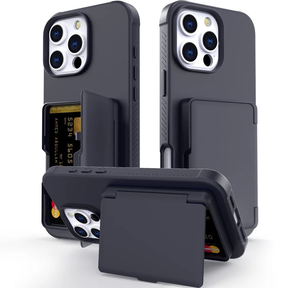 For iPhone 16 Pro Max Case with Card Holder / Mirror / Kickstand TPU + PC Phone Back Cover - Black - 2