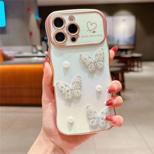 For iPhone 16 Pro Case Electroplating Wave Edge Dazzling Color TPU Phone Cover Pearl Butterfly Decor - White - 1