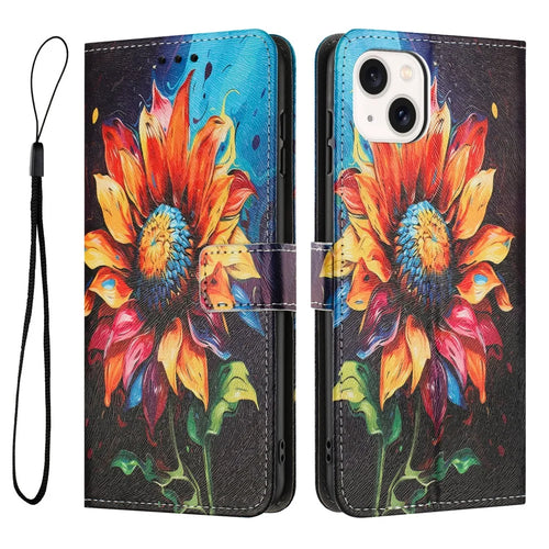 YX-2501 Wallet Case for iPhone 15 Plus / 14 Plus Pattern Printing PU Leather Phone Cover with Lanyard - Sunflower - 1