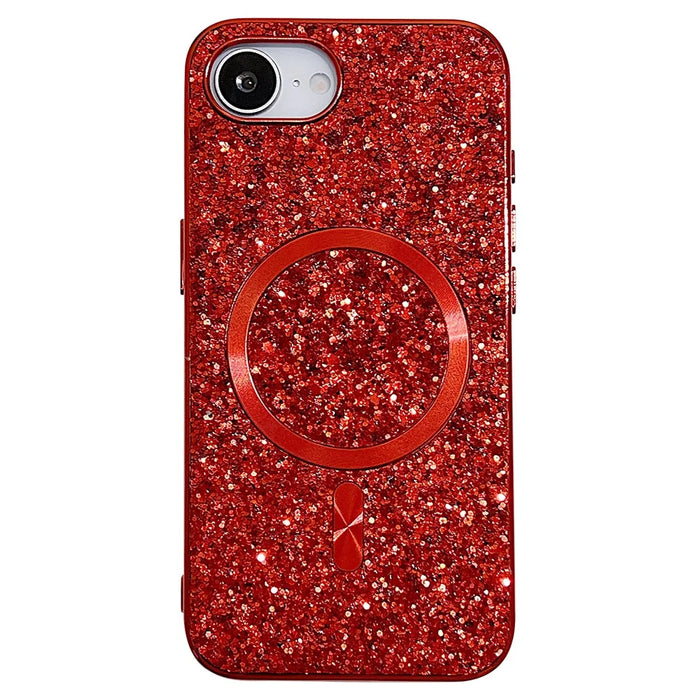 For iPhone 17e / 16e Magnetic Phone Case Glitter Electroplated TPU Frame PC Back Cover - Red - 1