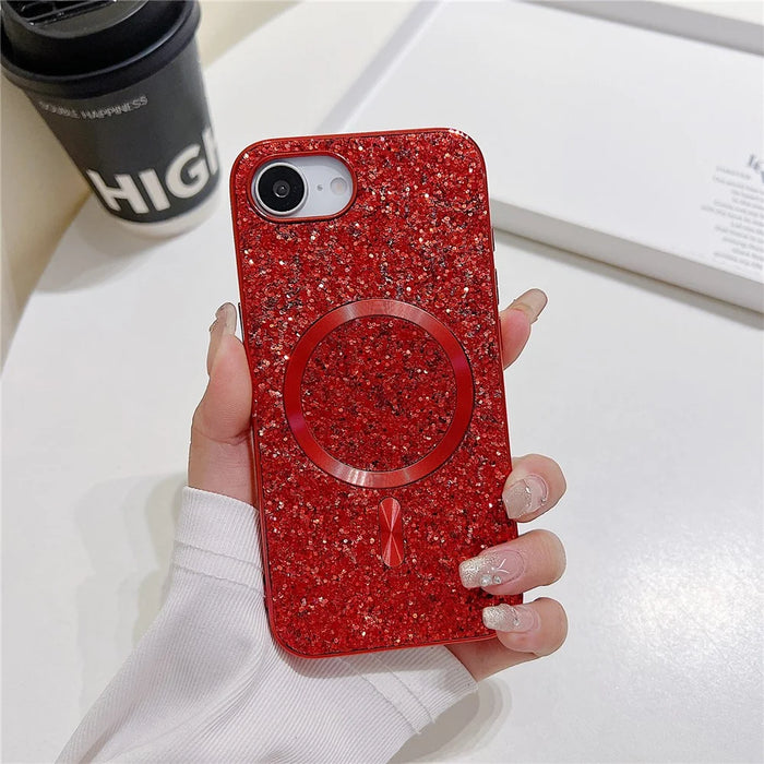 For iPhone 17e / 16e Magnetic Phone Case Glitter Electroplated TPU Frame PC Back Cover - Red - 2