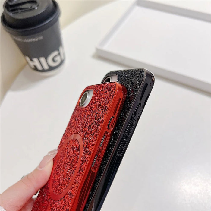 For iPhone 17e / 16e Magnetic Phone Case Glitter Electroplated TPU Frame PC Back Cover - Red - 3