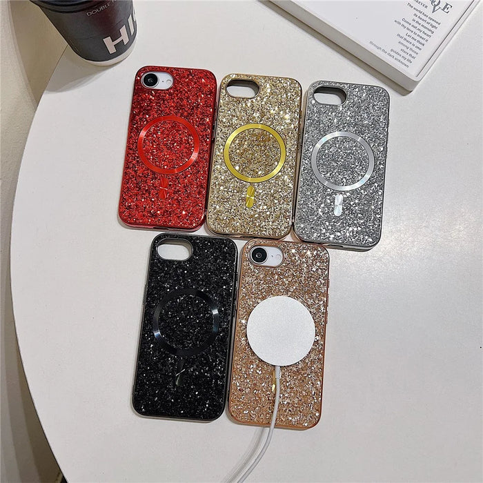 For iPhone 17e / 16e Magnetic Phone Case Glitter Electroplated TPU Frame PC Back Cover - Red - 5