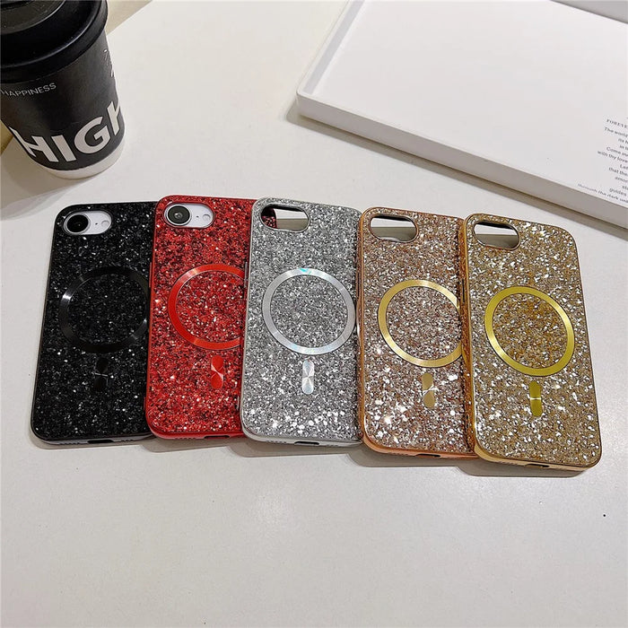 For iPhone 17e / 16e Magnetic Phone Case Glitter Electroplated TPU Frame PC Back Cover - Red - 6