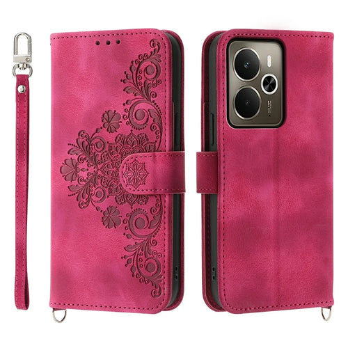 For Realme 14 5G Case Flower Pattern PU Leather Wallet Phone Cover with Strap - Wine Red - 1