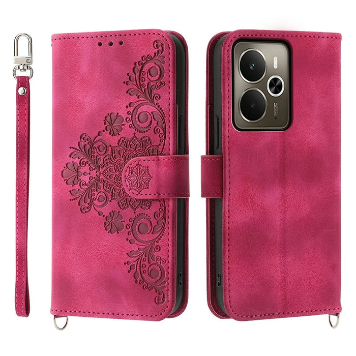 For Realme 14 5G Case Flower Pattern PU Leather Wallet Phone Cover with Strap - Wine Red - 1