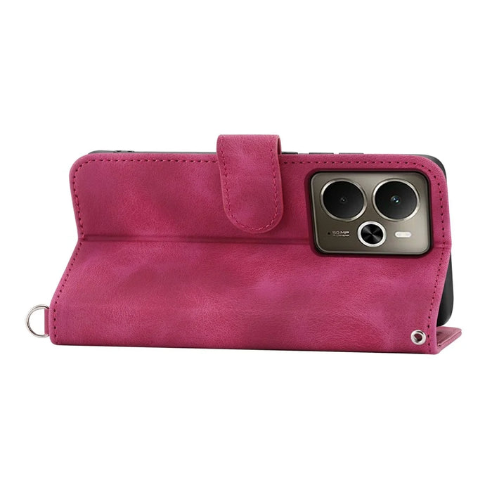 For Realme 14 5G Case Flower Pattern PU Leather Wallet Phone Cover with Strap - Wine Red - 3