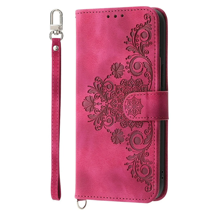 For Realme 14 5G Case Flower Pattern PU Leather Wallet Phone Cover with Strap - Wine Red - 7