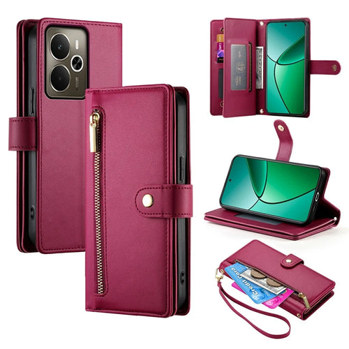 DF-011 For Realme 14 5G Case Zipper Pocket Wallet Leather Phone Cover with Straps - Red - 1