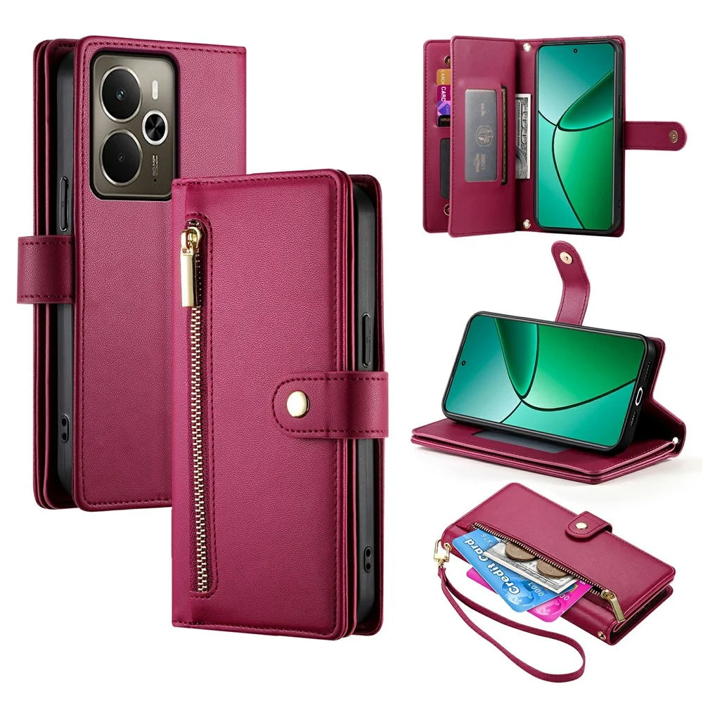 DF-011 For Realme 14 5G Case Zipper Pocket Wallet Leather Phone Cover with Straps - Red - 1