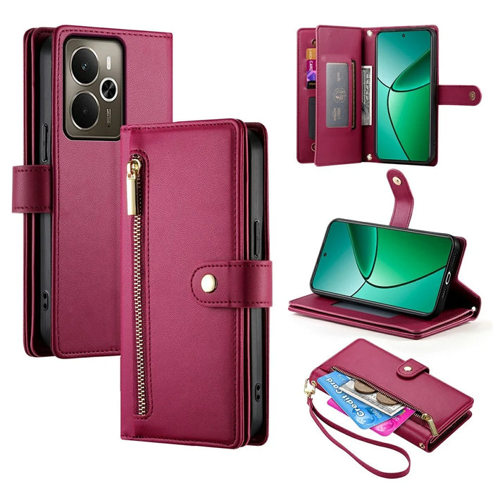 DF-011 For Realme 14 5G Case Zipper Pocket Wallet Leather Phone Cover with Straps - Red - 1