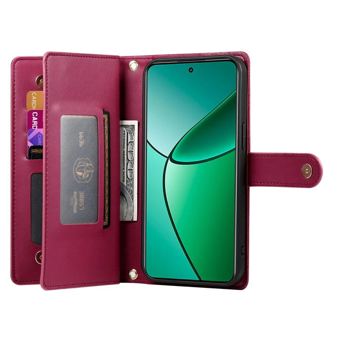 DF-011 For Realme 14 5G Case Zipper Pocket Wallet Leather Phone Cover with Straps - Red - 2