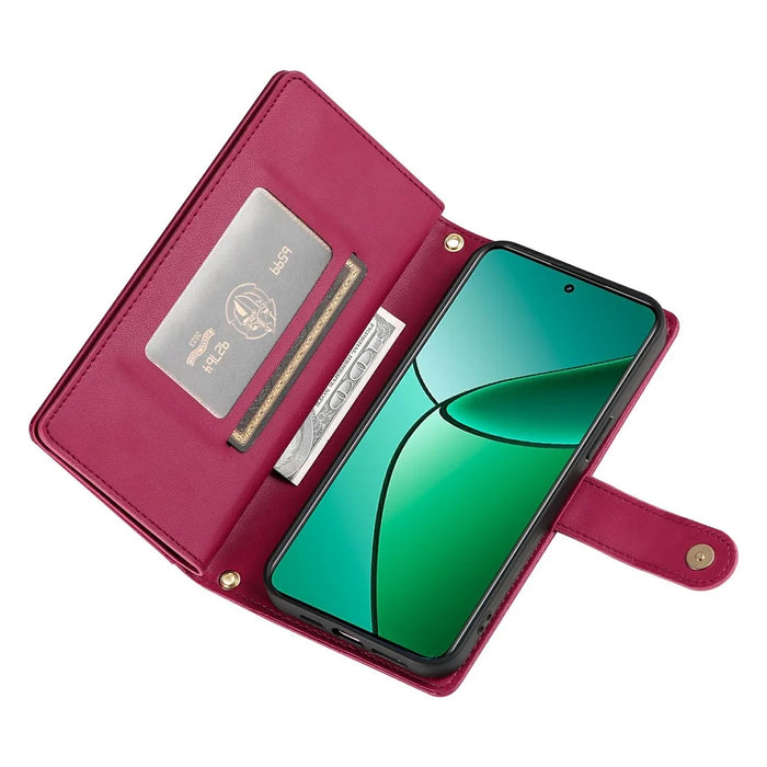 DF-011 For Realme 14 5G Case Zipper Pocket Wallet Leather Phone Cover with Straps - Red - 3