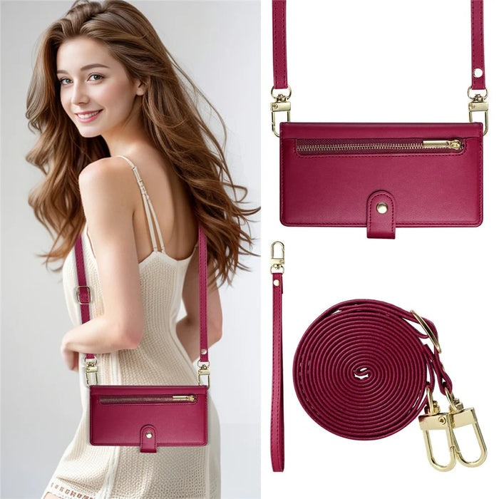 DF-011 For Realme 14 5G Case Zipper Pocket Wallet Leather Phone Cover with Straps - Red - 7