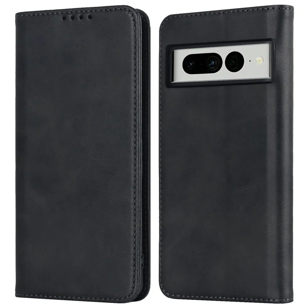 Calf Texture PU Leather Case for Google Pixel 7 Pro 5G, Magnetic Auto Closing Phone Stand Wallet Cover - Black - 1