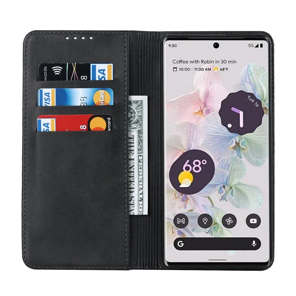 Calf Texture PU Leather Case for Google Pixel 7 Pro 5G, Magnetic Auto Closing Phone Stand Wallet Cover - Black - 2