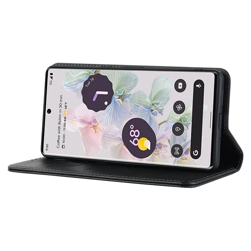 Calf Texture PU Leather Case for Google Pixel 7 Pro 5G, Magnetic Auto Closing Phone Stand Wallet Cover - Black - 3