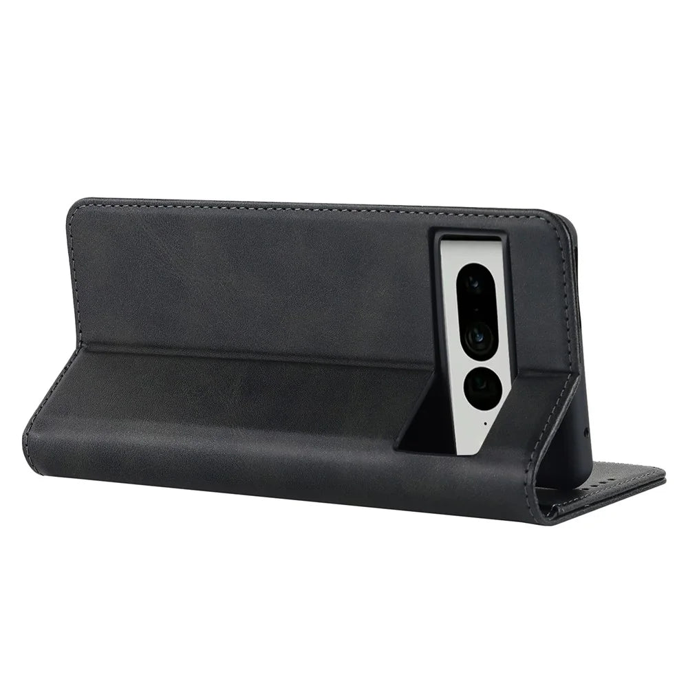Calf Texture PU Leather Case for Google Pixel 7 Pro 5G, Magnetic Auto Closing Phone Stand Wallet Cover - Black - 4
