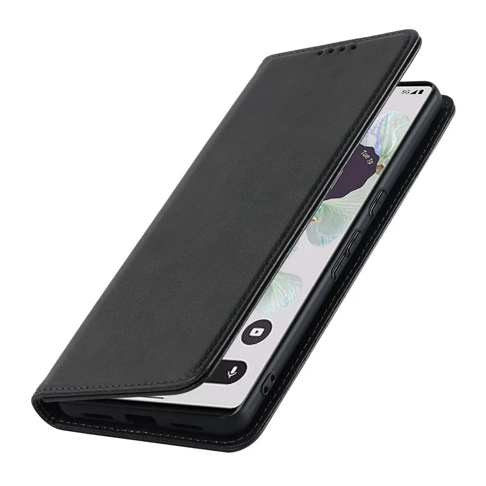 Calf Texture PU Leather Case for Google Pixel 7 Pro 5G, Magnetic Auto Closing Phone Stand Wallet Cover - Black - 5